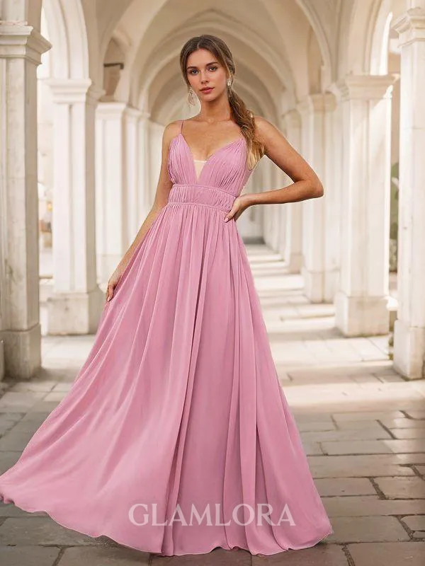 A-line Balanced V-neck Floor-Length Chiffon Bridesmaid Dress With Pleated
