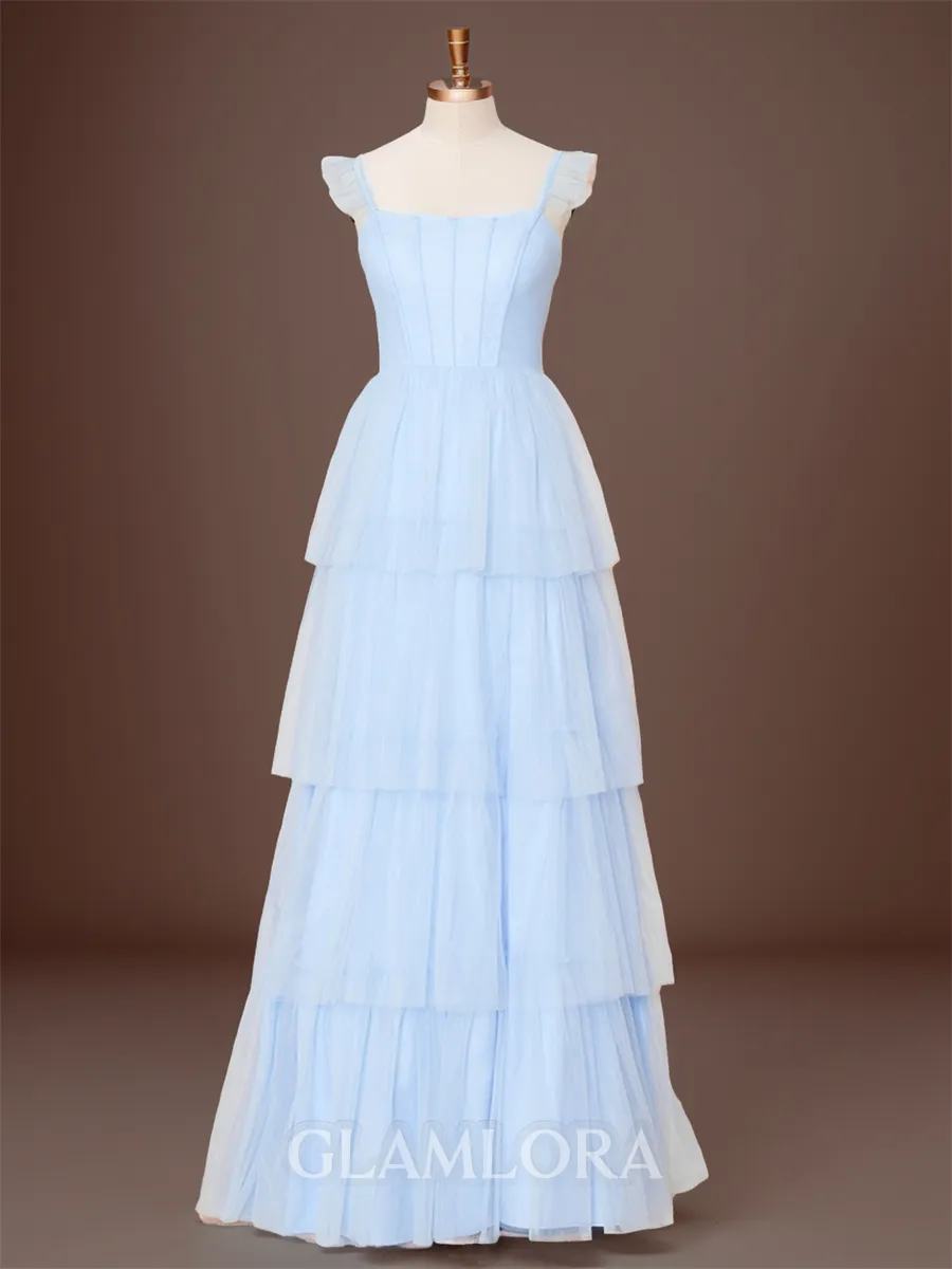 A-line Elegant Straps Floor-Length Tulle Corset Bridesmaid Dress With Slit