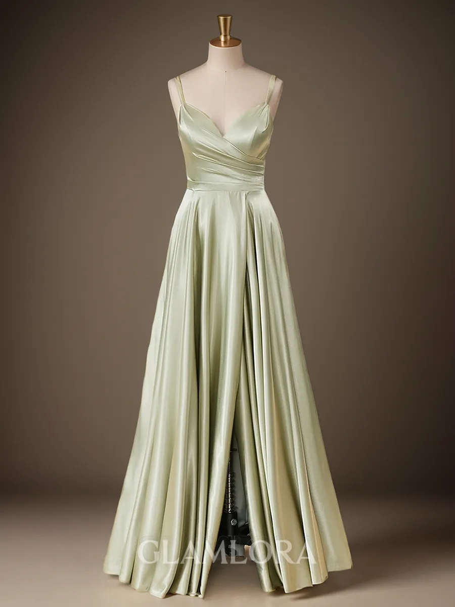 Refined A-line V-neck Floor-Length Silk Like Satin Bridesmaid Dress With Slit