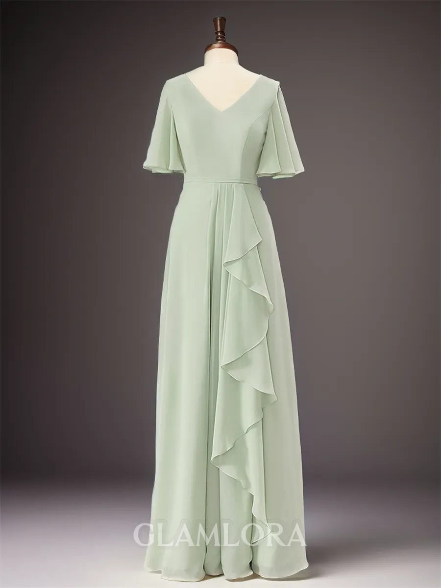 Chic A-line V-neck Short Sleeves Floor-Length Chiffon Bridesmaid Dress With Slit