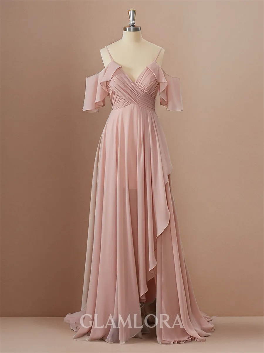 Charming A-line Cold Shoulder Floor-Length Chiffon Bridesmaid Dress With Slit