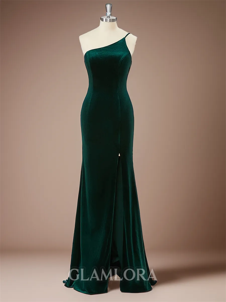 Sheath/Column Form-fitting One-Shoulder Floor-Length Velvet Bridesmaid Dress With Slit