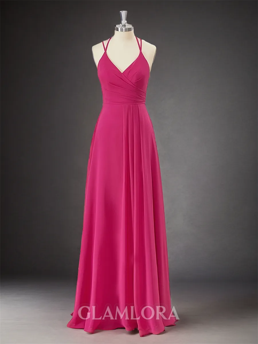 A-line Stylish V-neck Floor-Length Chiffon Bridesmaid Dress With Pleated