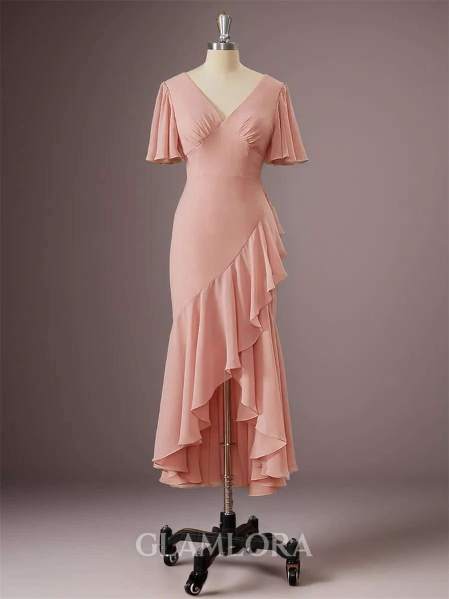 Sheath/Column Modern V-neck Short Sleeves Asymmetrical Chiffon Bridesmaid Dress With Ruffles