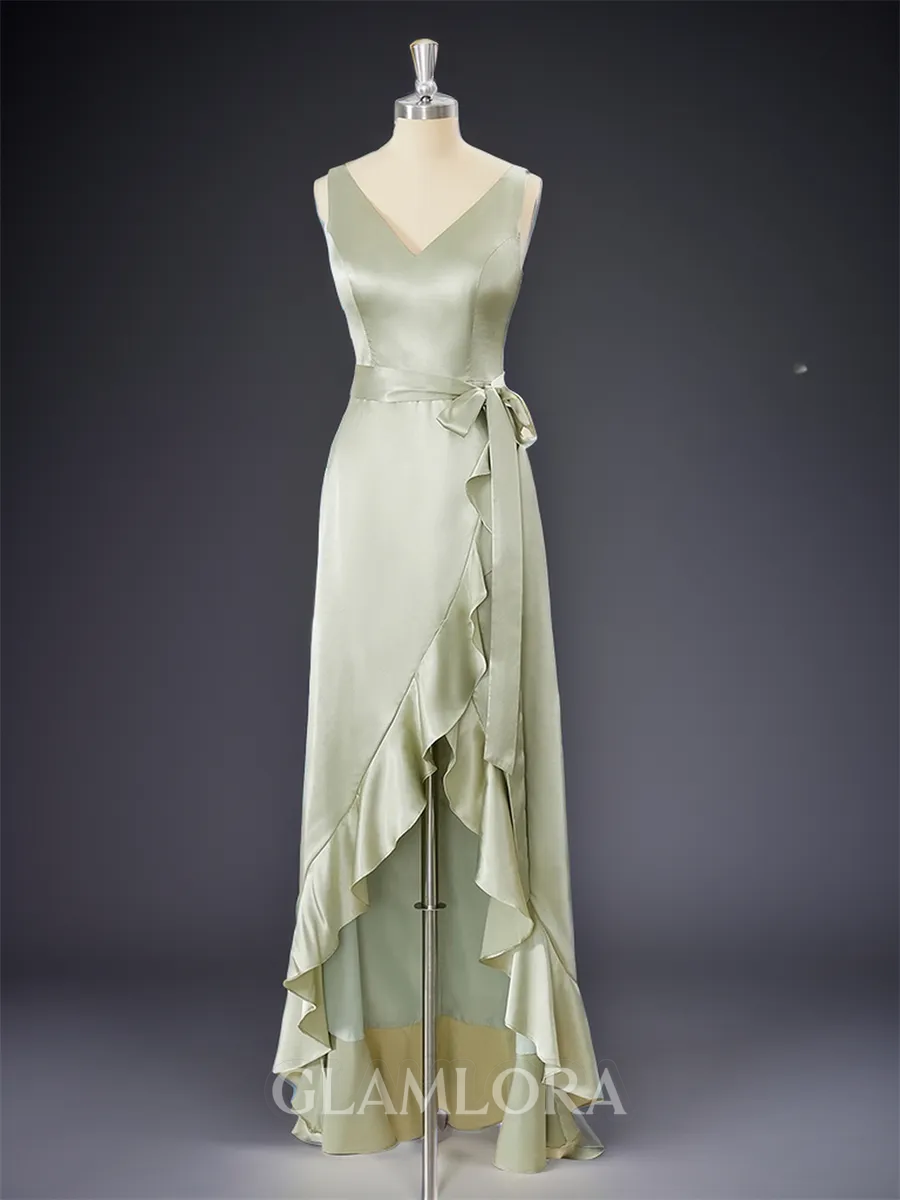 A-line Glam V-neck Asymmetrical Silk Like Satin Bridesmaid Dress With Pockets