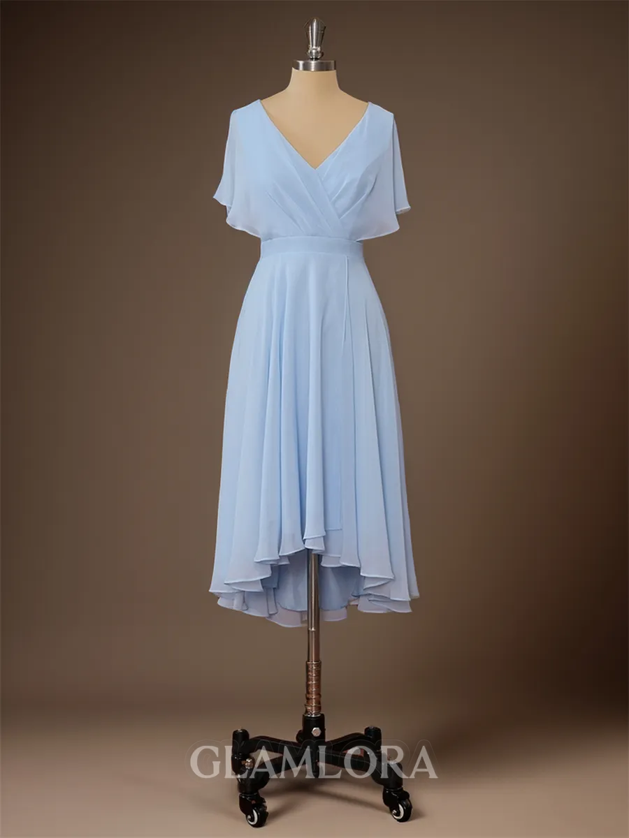 A-line Pretty V-neck Short Sleeves Asymmetrical Chiffon Bridesmaid Dress With Pleated