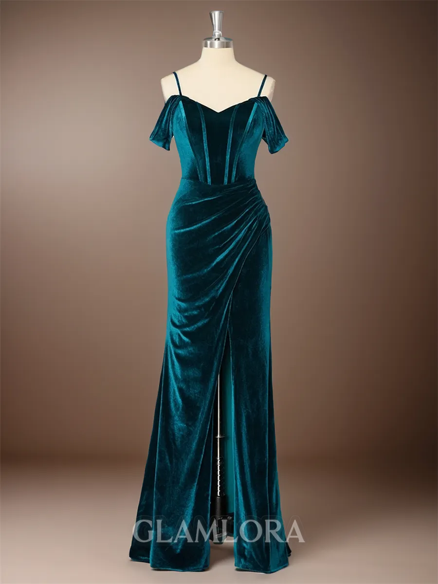 Bodycon Sheath/Column Cold Shoulder Floor-Length Velvet Corset Bridesmaid Dress With Slit