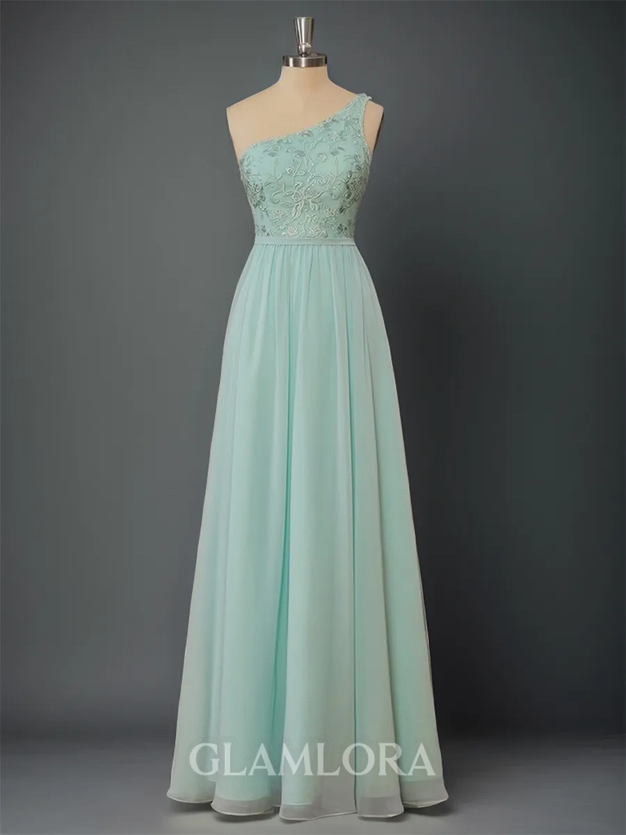 Simple A-line One-Shoulder Floor-Length Chiffon Bridesmaid Dress With Appliques Lace