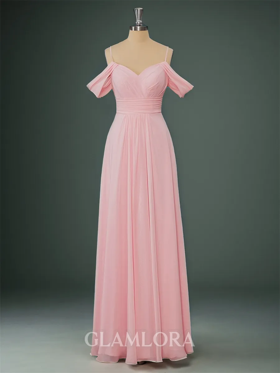 A-line Beautiful Cold Shoulder Floor-Length Chiffon Bridesmaid Dress With Pleated