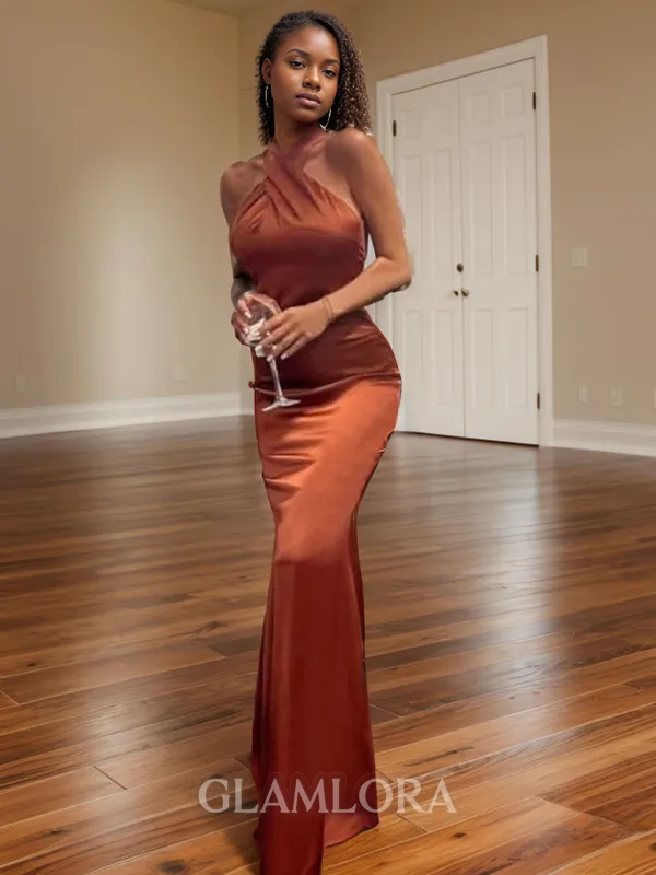 Bodycon Sheath/Column Halter Floor-Length Silk like Satin Bridesmaid Dress With Pleated