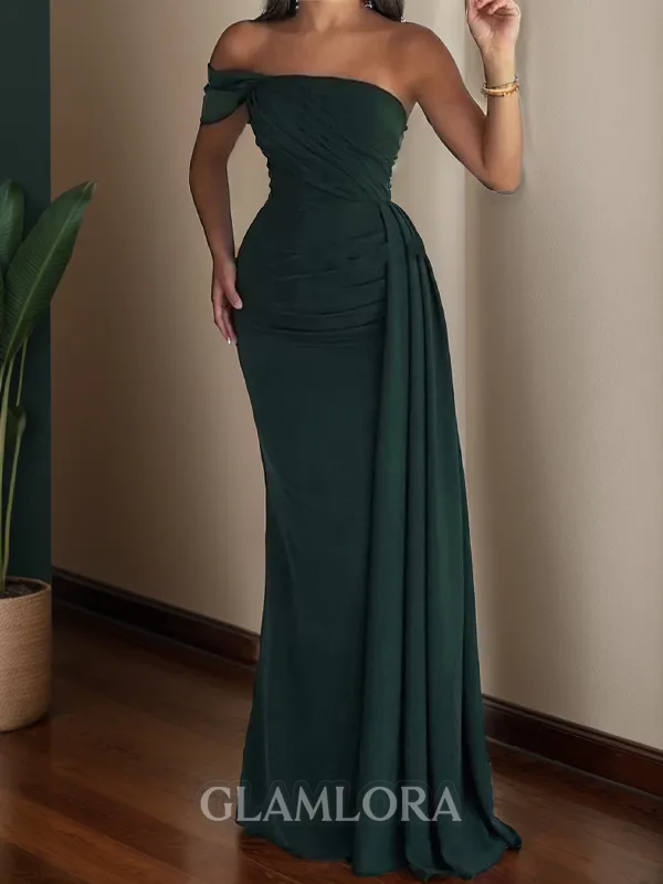 Refined Sheath/Column One-Shoulder Floor-Length Stretch Crepe Bridesmaid Dress With Pleated