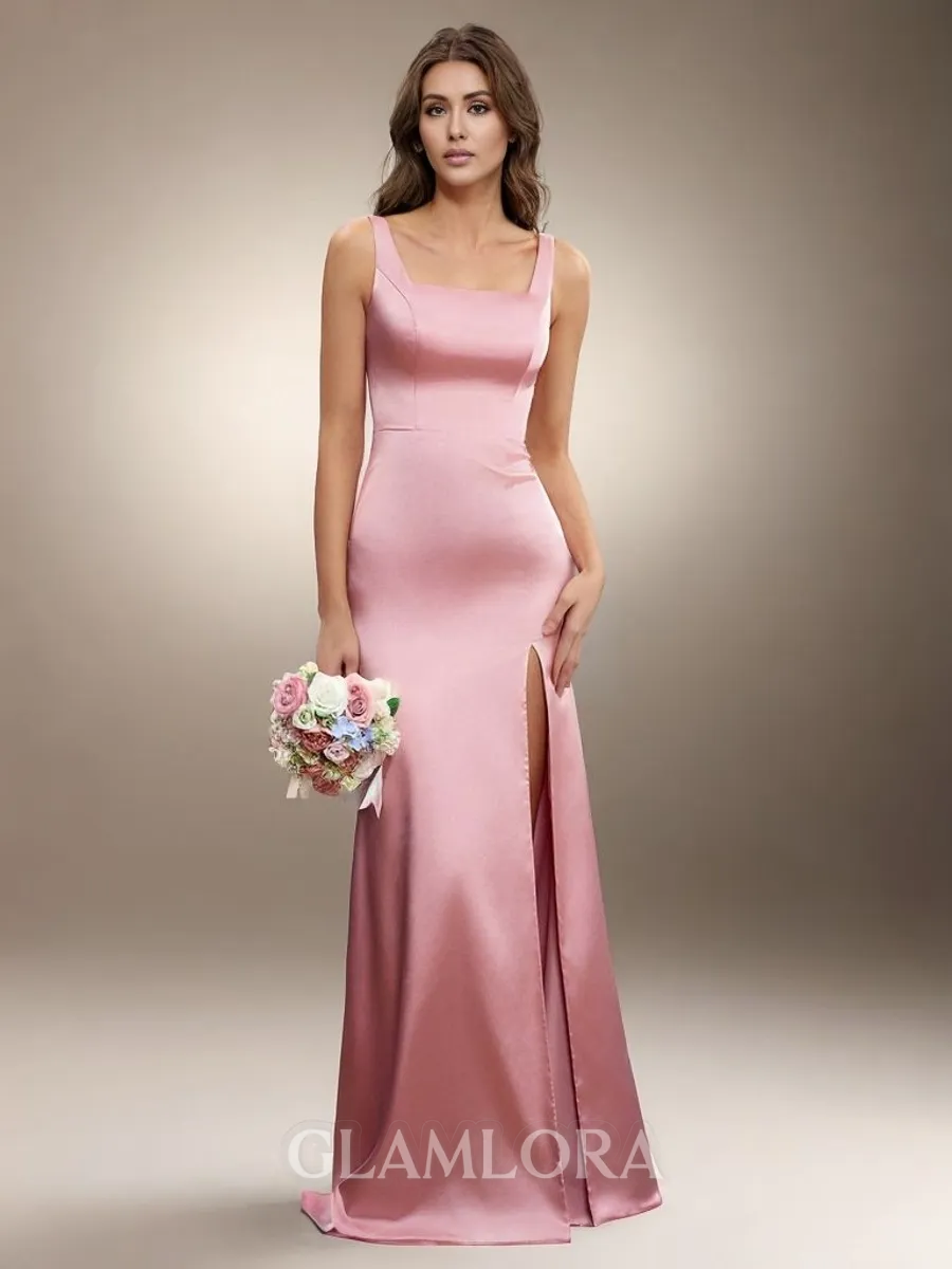 Sheath Bodycon Square Floor-Length Silk Like Satin Bridesmaid Dress With Slit