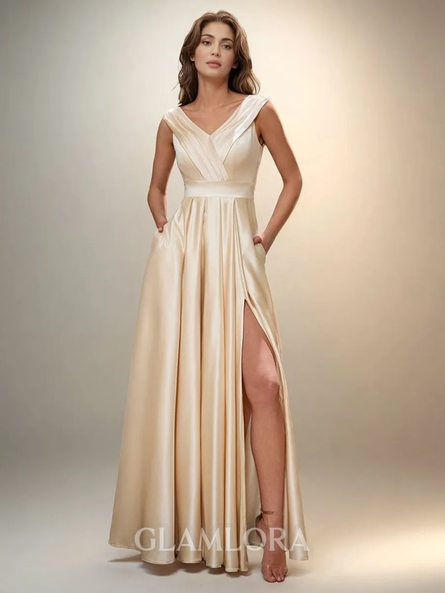 A-line Perfect V-neck Floor-Length Satin Bridesmaid Dress With Pockets