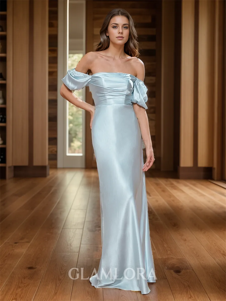 Fitted Sheath Off-the-Shoulder Short Sleeves Floor-Length Silk Like Satin Bridesmaid Dress With Pleated