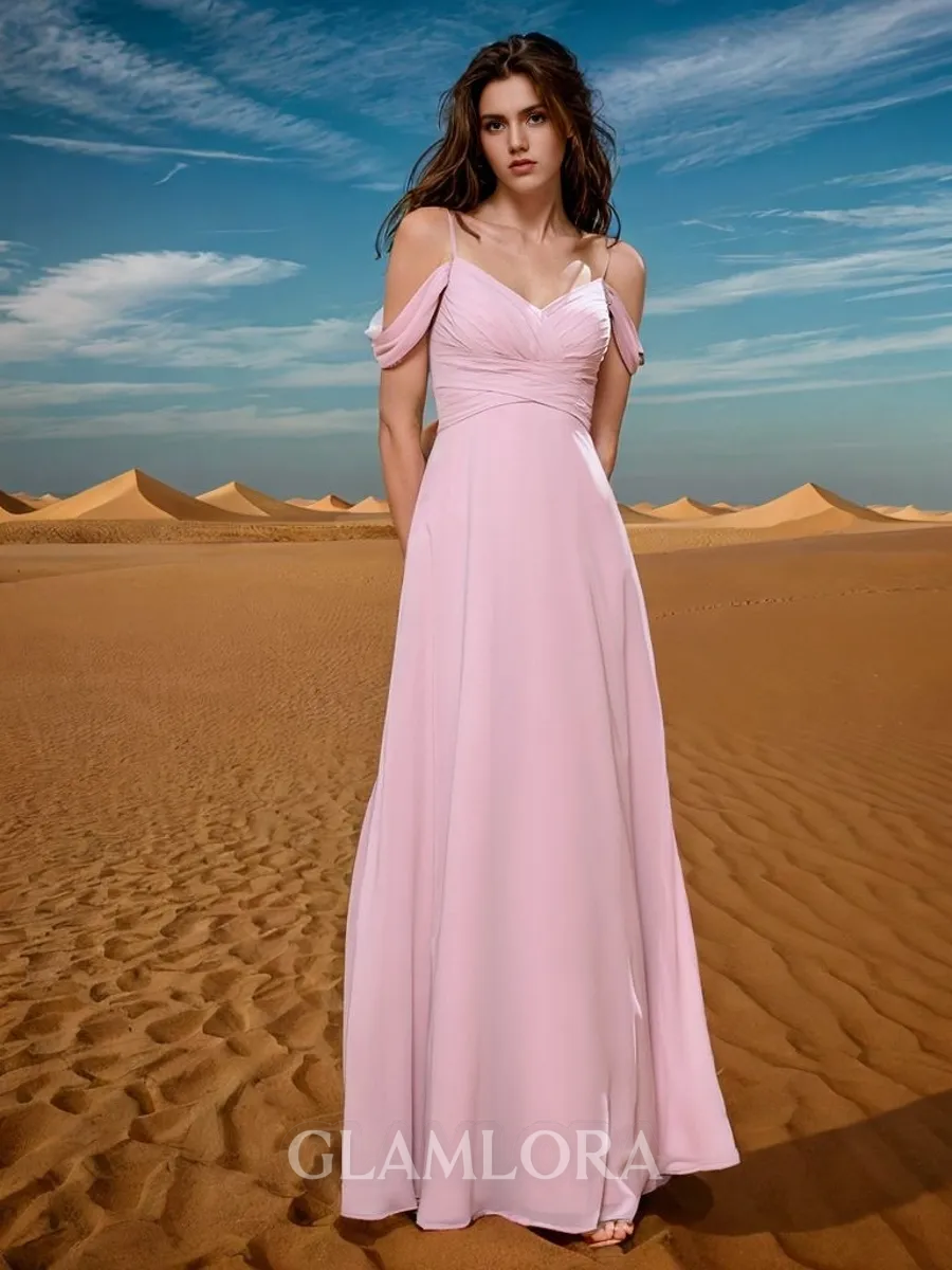Delicate A-line Cold Shoulder Floor-Length Chiffon Bridesmaid Dress With Pleated