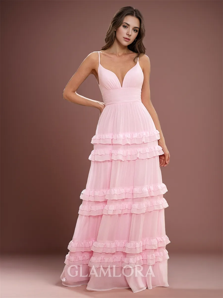 Flattering A-line V-neck Floor-Length Chiffon Bridesmaid Dress With Cascading Ruffles