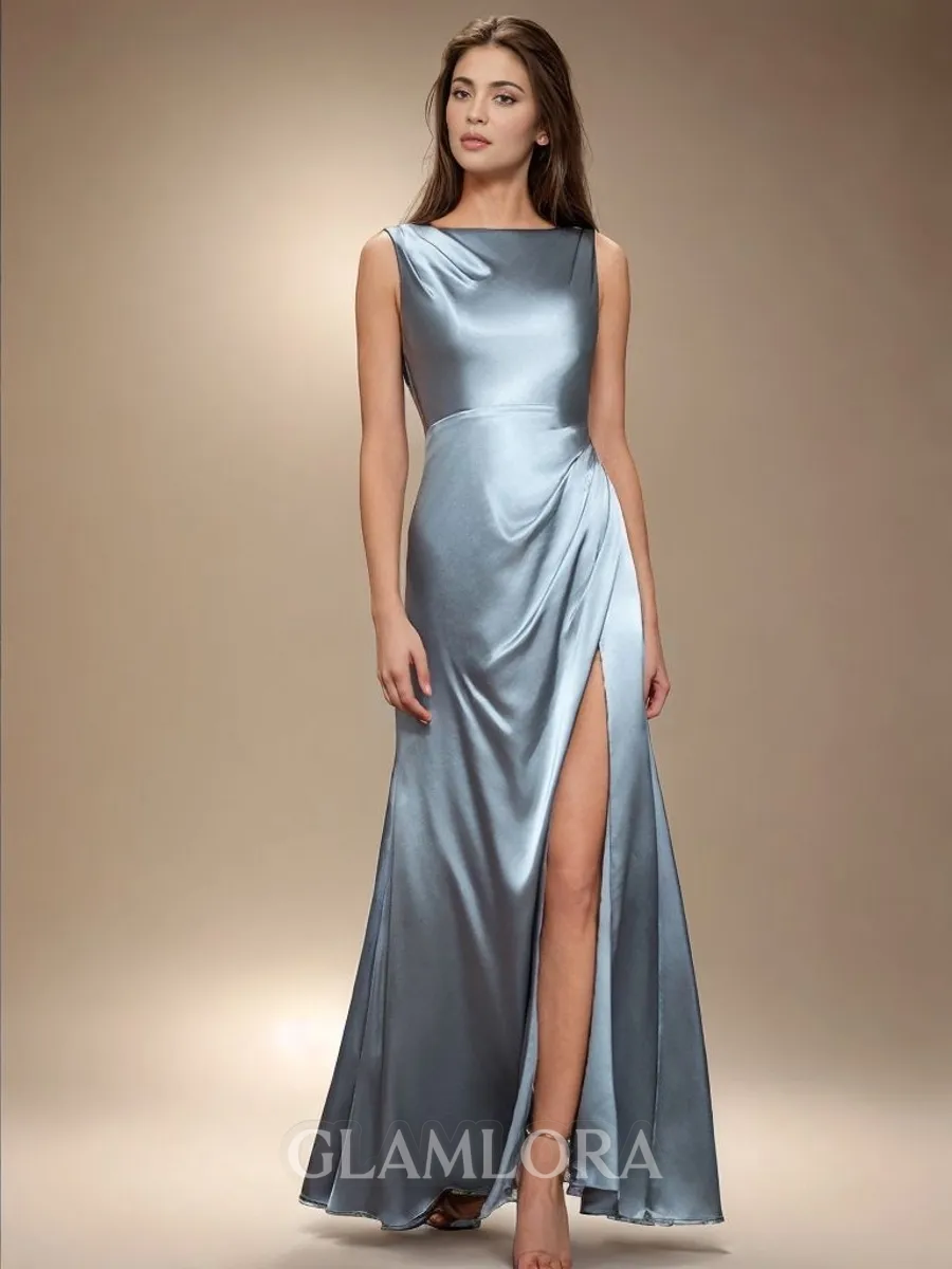 Classic Sheath Scoop Floor-Length Silk Like Satin Bridesmaid Dress With Slit