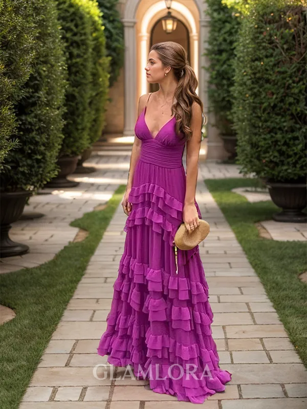 Stunning A-line V-neck Floor-Length Chiffon Bridesmaid Dress With Cascading Ruffles
