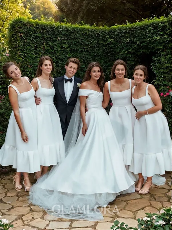 A-line Dreamy Square Ankle-Length Satin Bridesmaid Dress With Ruffles