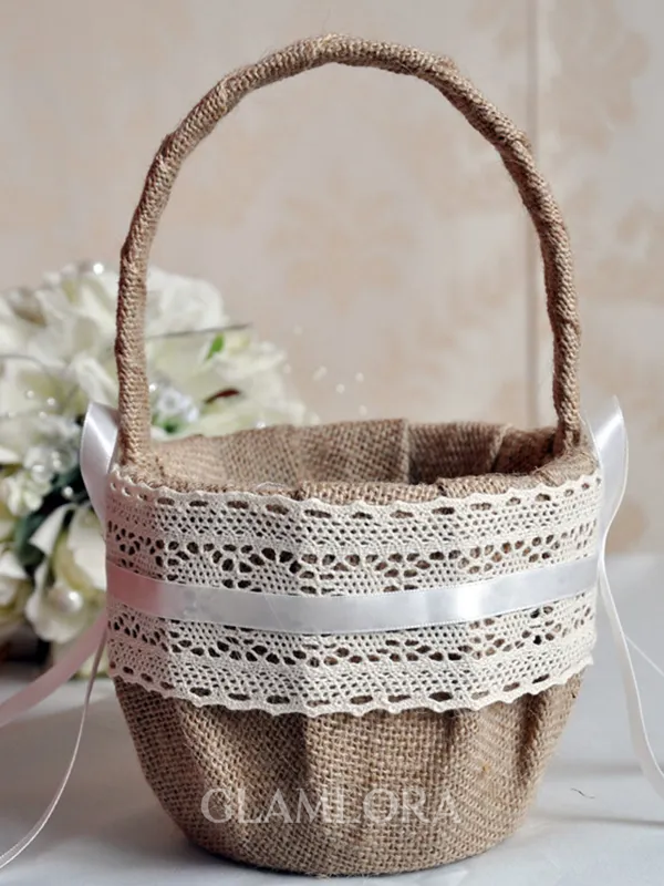 Simple Flower Basket In Linen With Sash