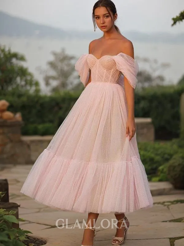 A-line Elegant Off-the-Shoulder Sleeveless Tulle Tea-Length Corset Homecoming Dress