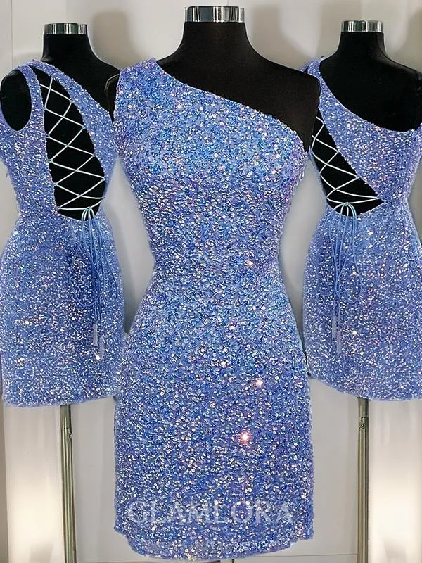 Sheath/Column One-Shoulder Sleeveless Shiny Velvet Sequins Short/Mini Homecoming Dress