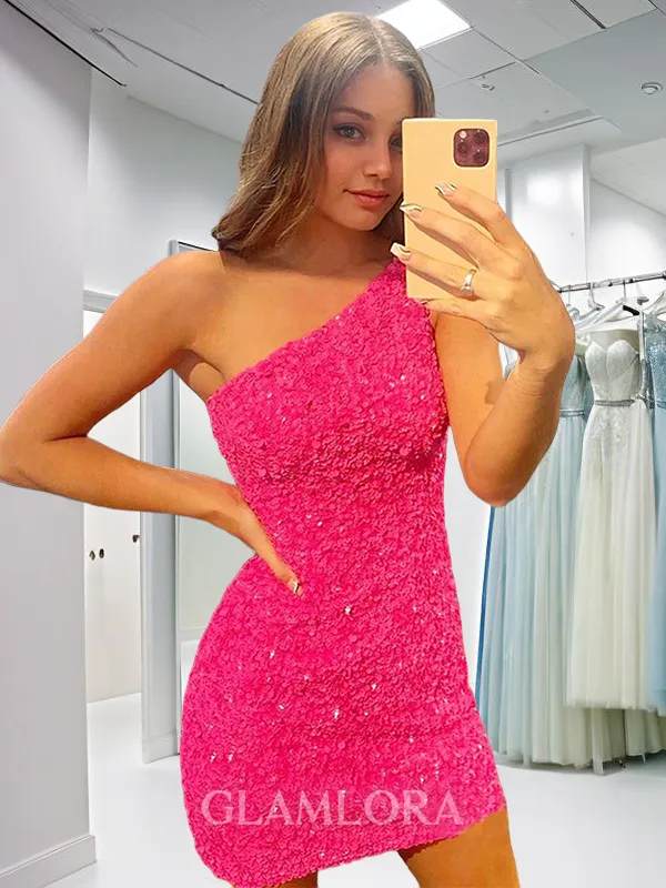 Sheath/Column One-Shoulder Sleeveless Velvet Sequins Shimmery Short/Mini Homecoming Dress
