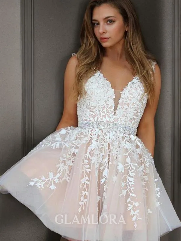A-line V-Neck Chic Sleeveless Tulle Short/Mini Homecoming Dress With Applique