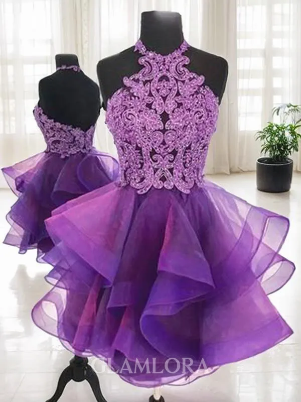 A-line Halter Sleeveless Dreamy Tulle Short/Mini Homecoming Dress With Sequins
