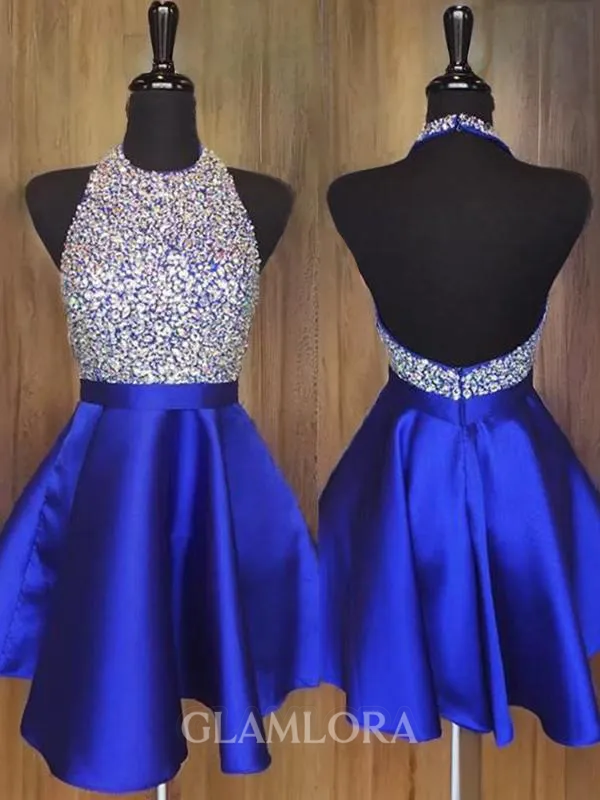 A-line Halter Sleeveless Glam Satin Short/Mini Homecoming Dress With Ruffles
