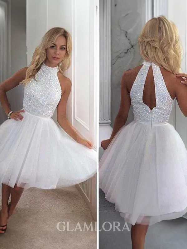 Charming A-line Halter Sleeveless Tulle Short/Mini Homecoming Dress With Ruffles