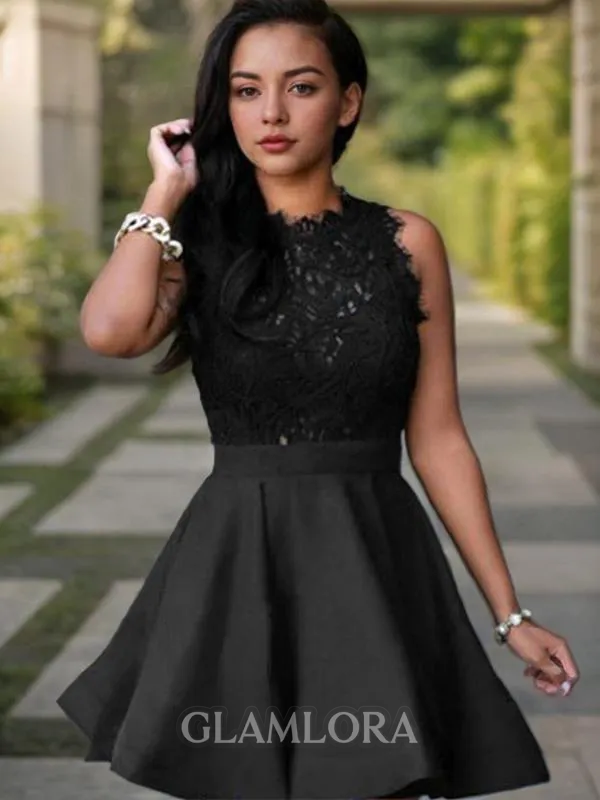 Classy A-line Jewel Sleeveless Satin Short/Mini Homecoming Dress With Hand-Made Flower