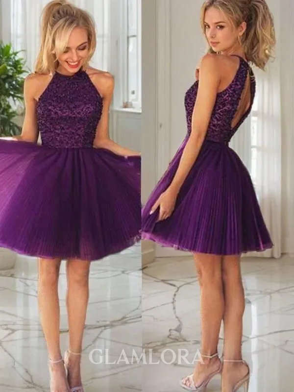 A-line Halter Flattering Sleeveless Tulle Short/Mini Homecoming Dress With Ruffles