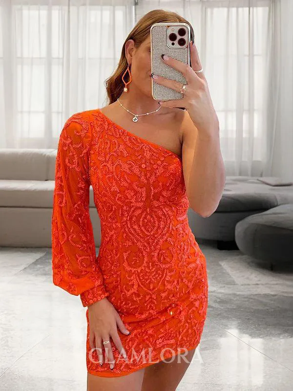 Sheath/Column One-Shoulder Unique Long Sleeves Short/Mini Homecoming Dress With Applique