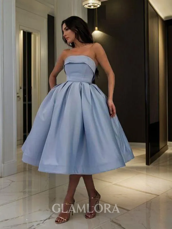 Elegant Ball-Gown Strapless Sleeveless Satin Tea-Length Homecoming Dress With Beading