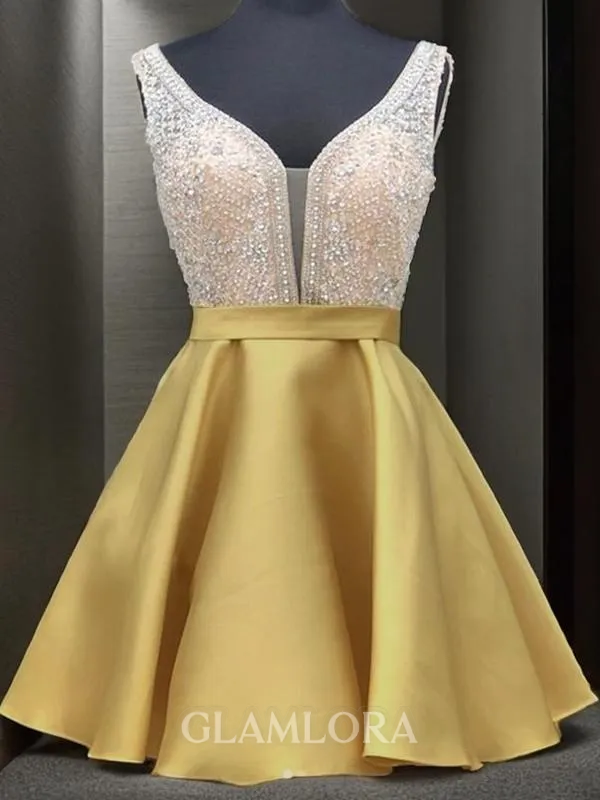 A-line V-Neck Sleeveless Simple Satin Short/Mini Homecoming Dress With Applique