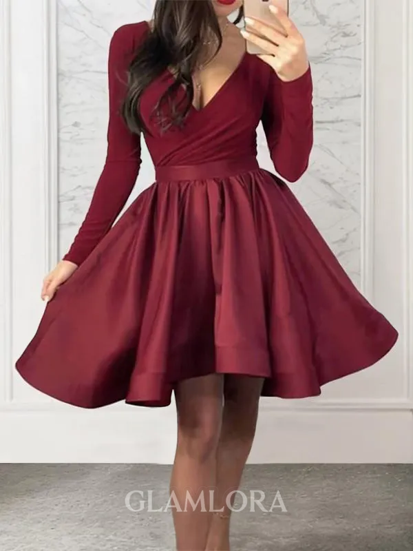 A-line V-Neck Long Sleeves Satin Chic Short/Mini Homecoming Dress