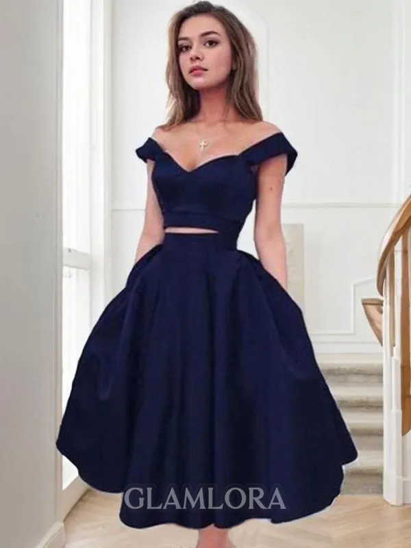 A-line Off-the-Shoulder Dreamy Sleeveless Satin Knee-Length Homecoming Dress With Applique