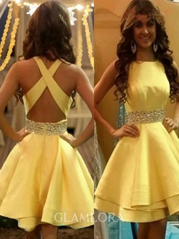 A-line Scoop Sleeveless Satin Perfect Short/Mini Homecoming Dress With Applique