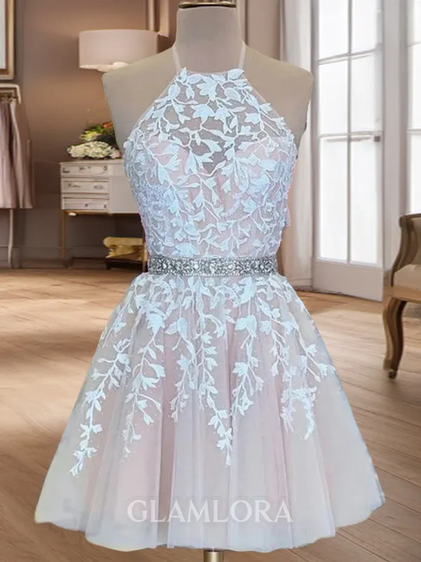 A-line Halter Sleeveless Unique Tulle Short/Mini Homecoming Dress With Ruffles