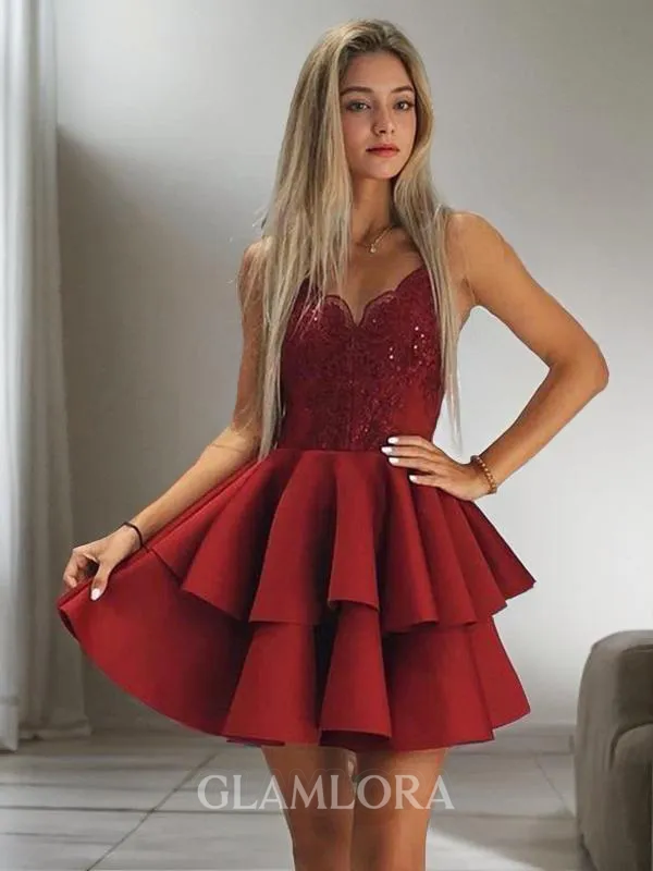 Exquisite A-line Spaghetti Straps Sleeveless Satin Short/Mini Homecoming Dress