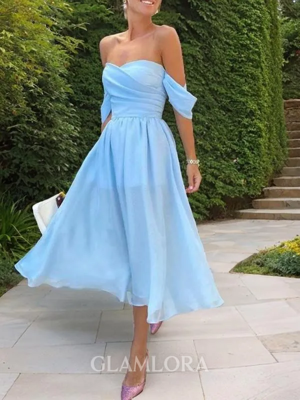 A-line Off-the-Shoulder Sleeveless Chiffon Graceful Tea-Length Homecoming Dress
