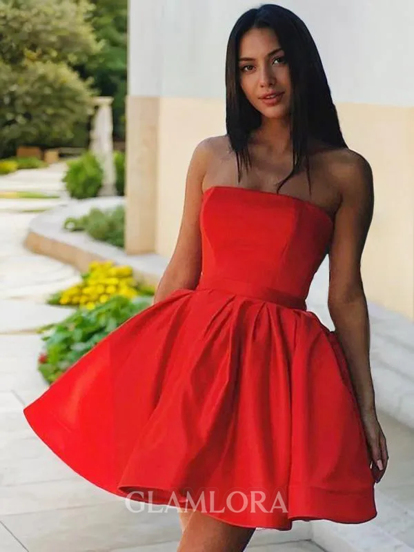 A-line Strapless Modest Sleeveless Satin Short/Mini Homecoming Dress