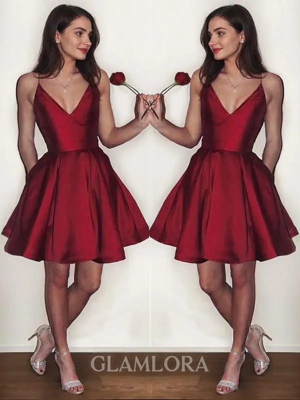 A-line V-Neck Sleeveless Chic Satin Short/Mini Homecoming Dress With Lace