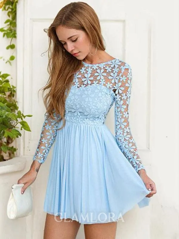A-line Scoop Long Sleeves Stylish Chiffon Short/Mini Homecoming Dress