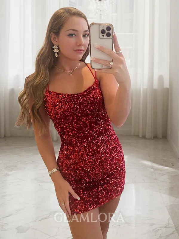 Sheath/Column Spaghetti Straps Glistening Sleeveless Velvet Sequins Short/Mini Homecoming Dress With Sequins