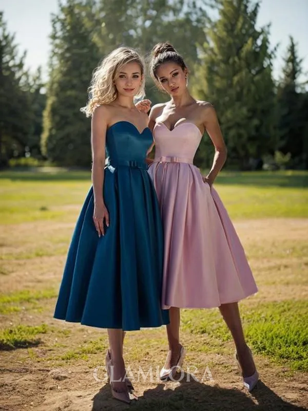 A-line Sweetheart Sleeveless Sophisticated Satin Tea-Length Homecoming Dress With Beading