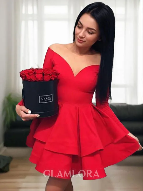 A-line Off-the-Shoulder Long Sleeves Stretch Crepe Feminine Short/Mini Homecoming Dress With Beading