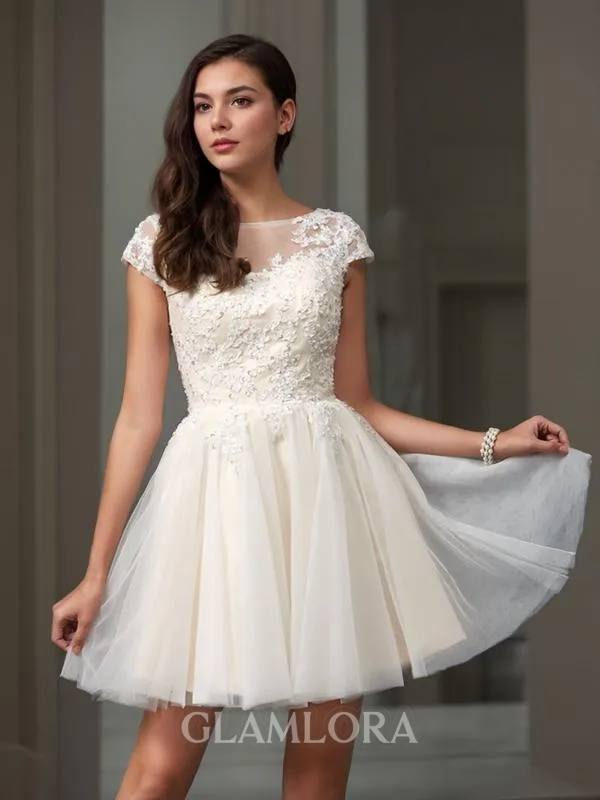 A-line Scoop Short Sleeves Satin Short/Mini Homecoming Dress With Beading