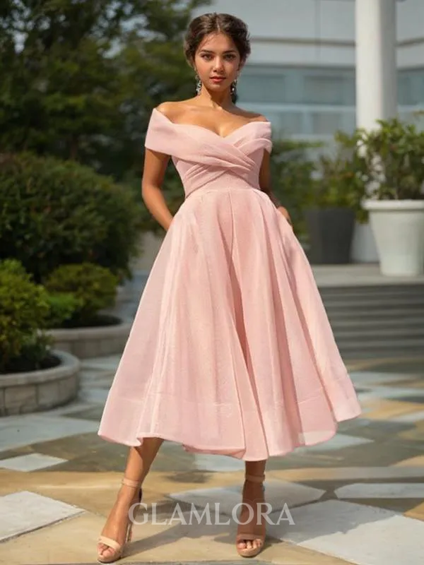 Chic A-line Off-the-Shoulder Sleeveless Organza Tea-Length Homecoming Dress